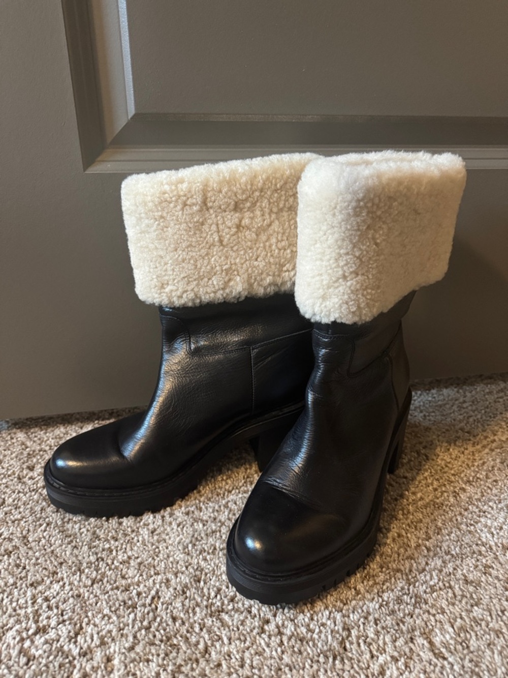 Marc Fisher Black Leather Platform Boots with Cream Shearling Cuff